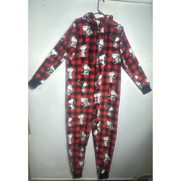 Munki Munki Peanuts Snoopy Christmas Fleece One-Piece Pajama Plaid Hooded Size M - Picture 1 of 10